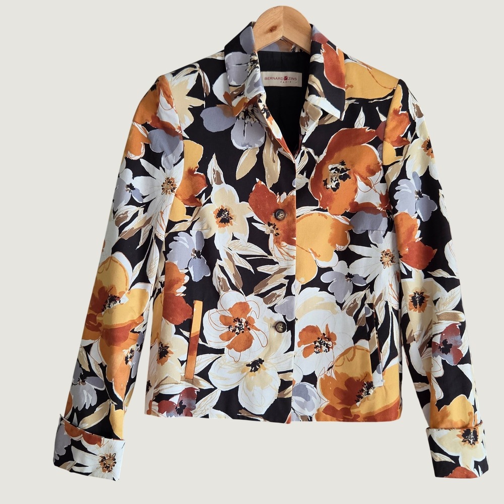 Bernard Zins Paris Floral Blazer Jacket Orange Yellow Black Made in France Sz 6